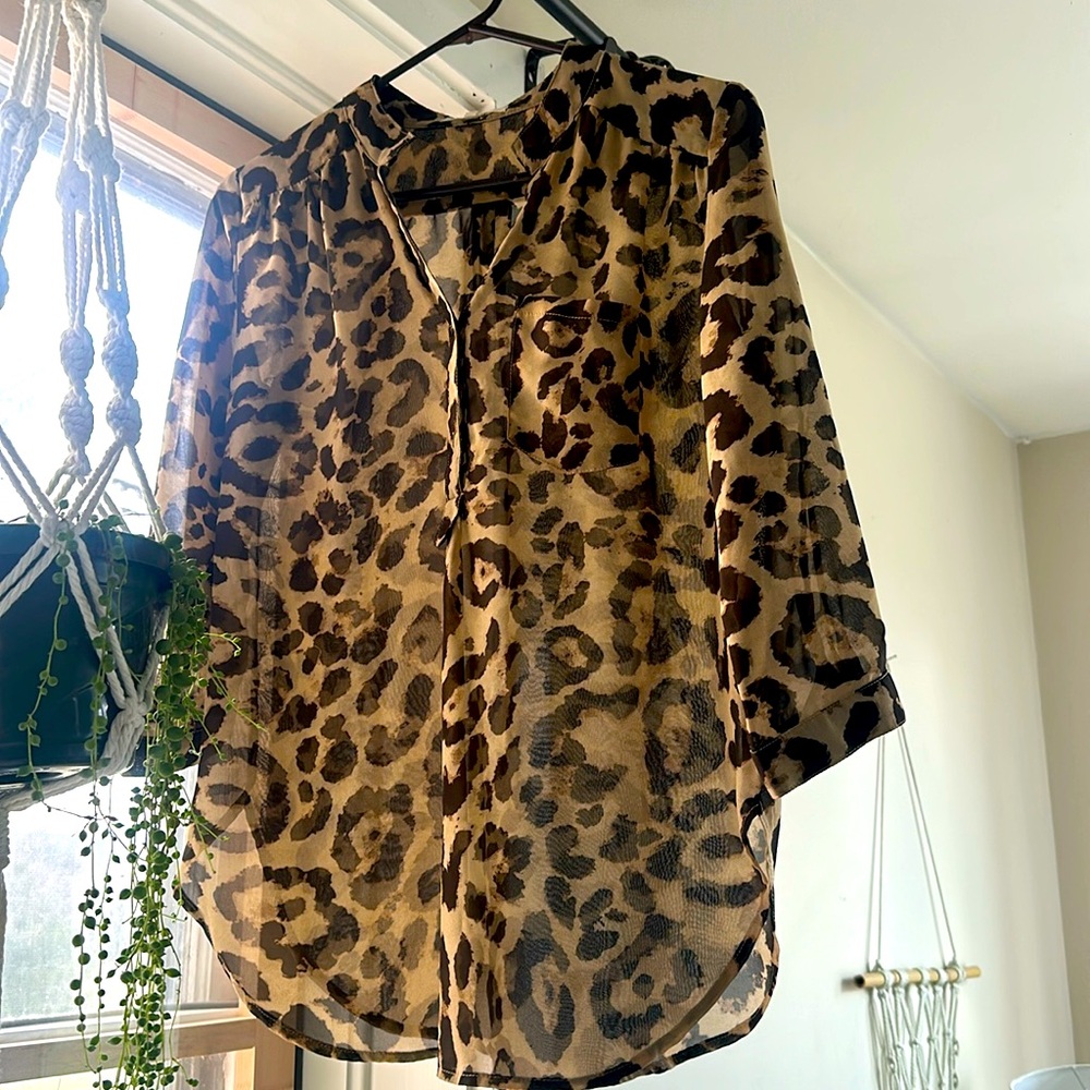 3/$18 Lac Bleu Sheer Leopard Print Blouse